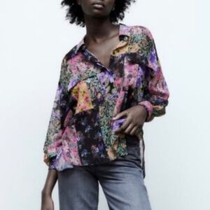 Zara Floral Print The Amelie Shirt Women's M Patchwork Print Multicolor Boho Y2K